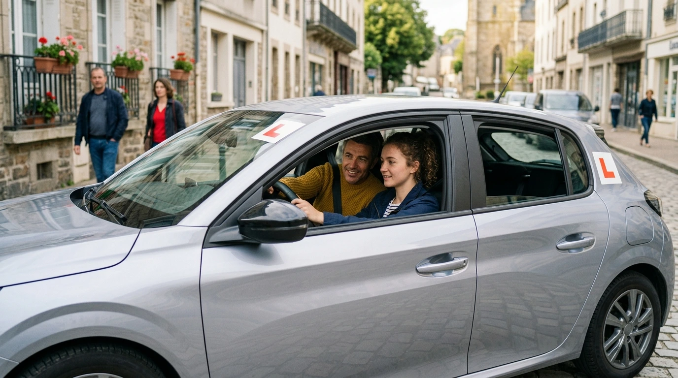 Jeune conducteur au volant d'une voiture d'auto-école pendant une leçon de conduite