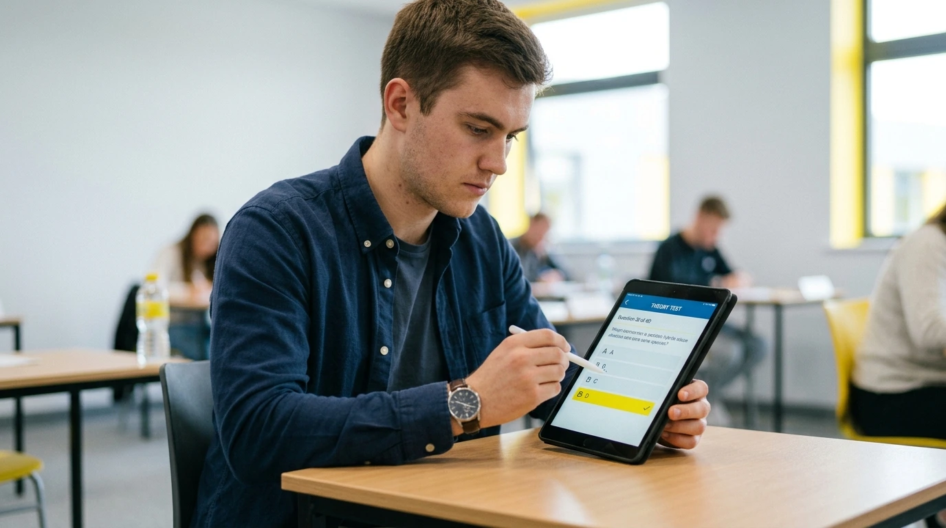 Candidat passant l'examen du code sur une tablette
