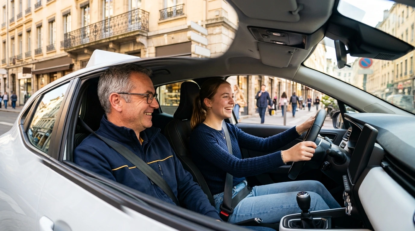 Apprentissage de la route, jeune conducteur au volant d'une voiture d'auto-école moderne.