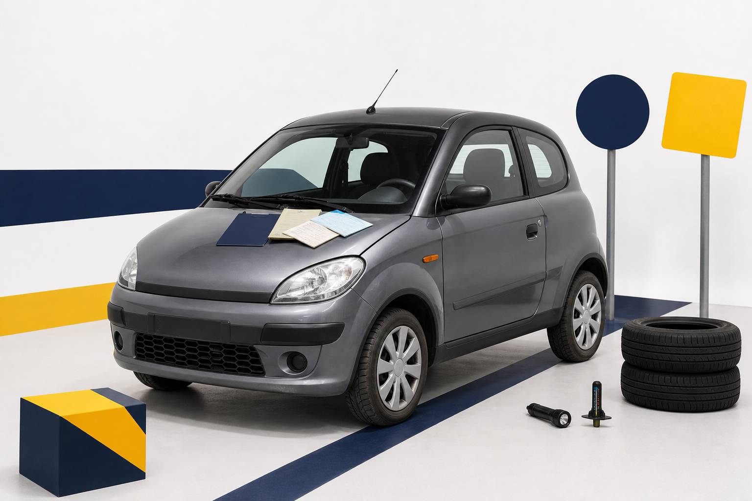Inspection d'une voiture sans permis d'occasion avec documents et controle carrosserie