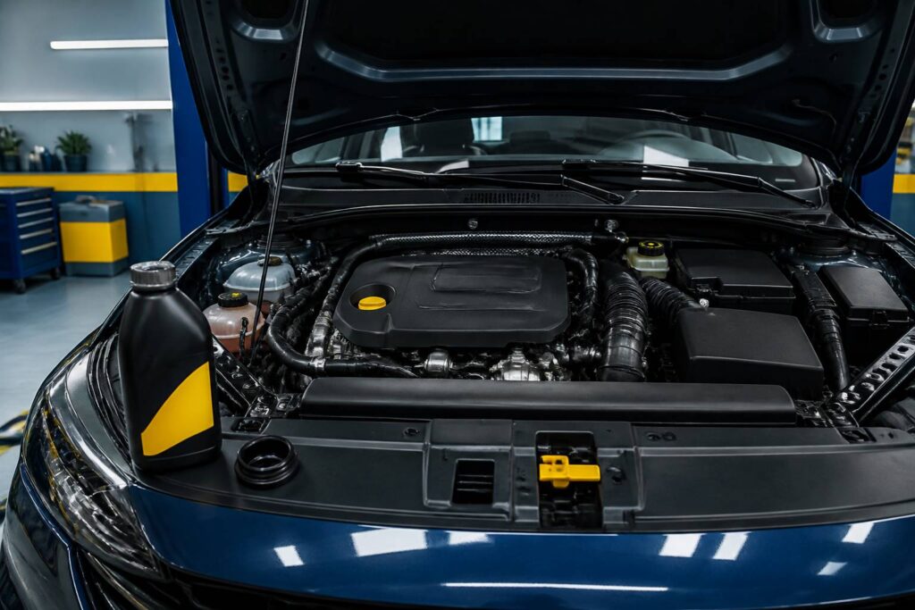 Moteur diesel avec flacon d'additif generique noir et jaune