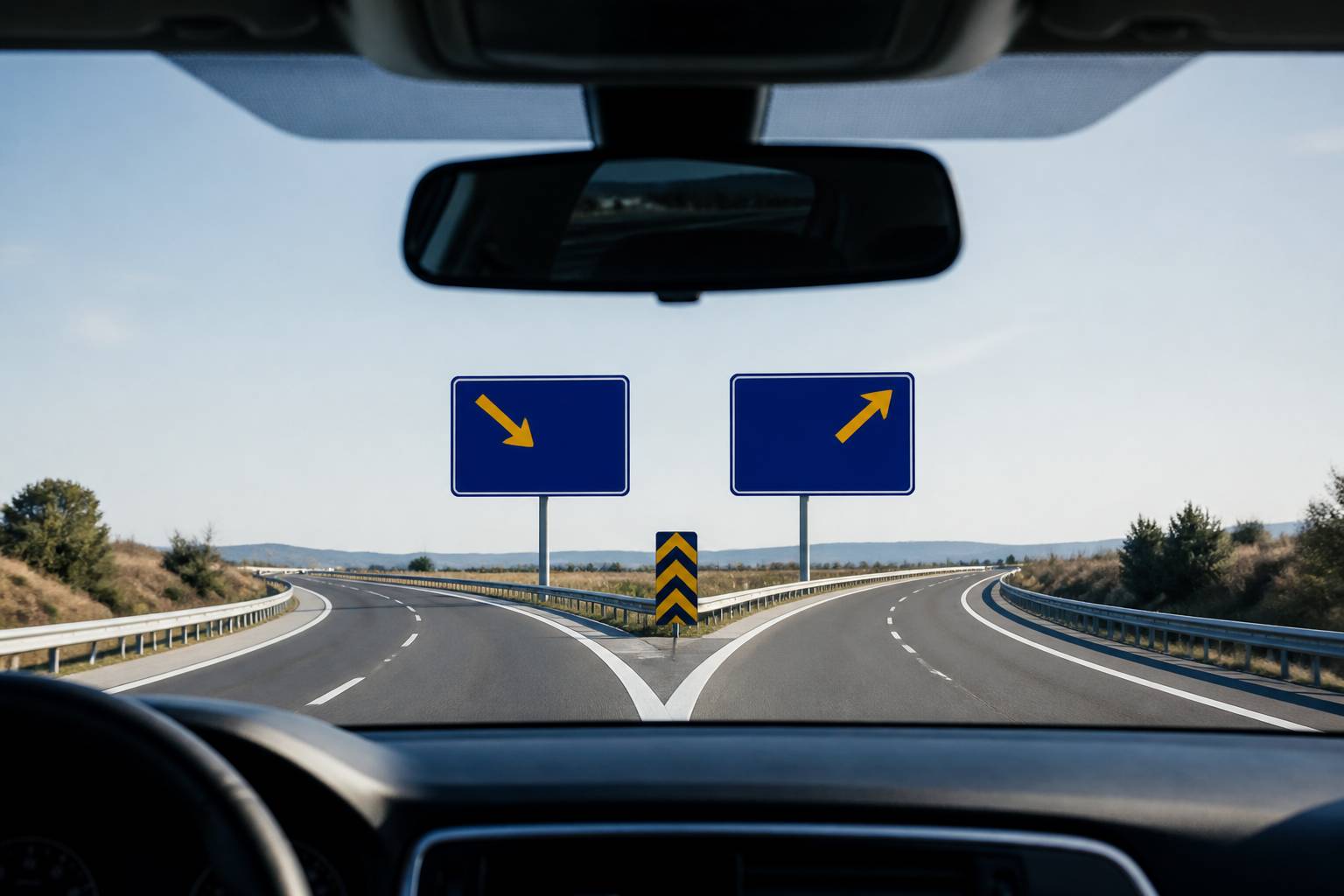 Approche d'une bifurcation autoroutière vue de l'intérieur