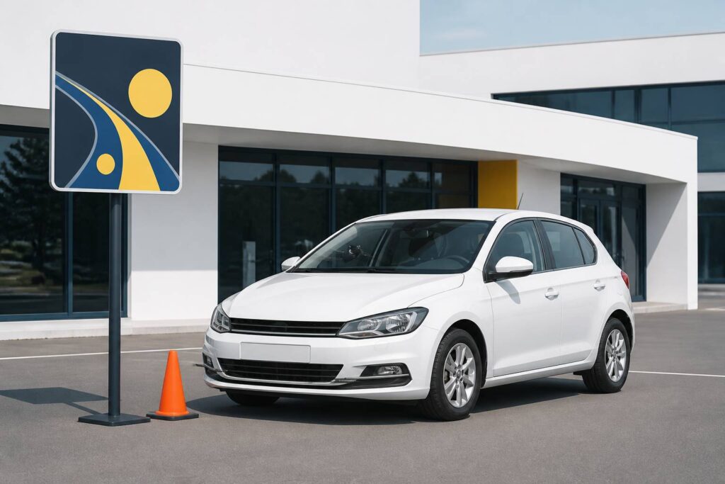 Voiture d'auto-école blanche sans logo devant un bâtiment clair avec panneau pédagogique
