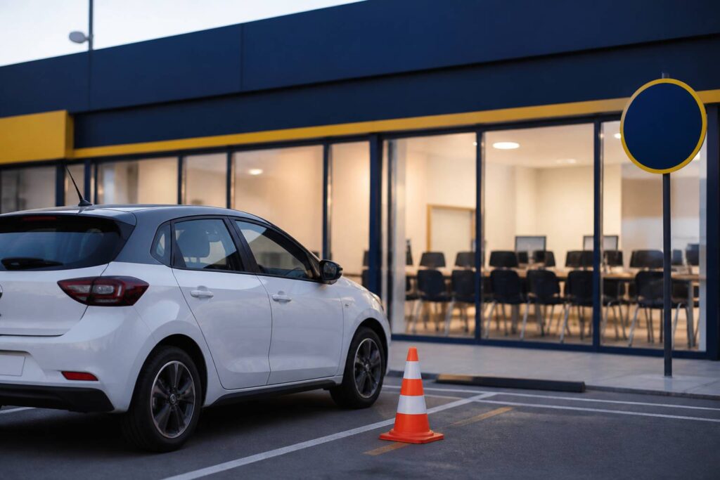Voiture d'auto-école stationnée devant une salle de code