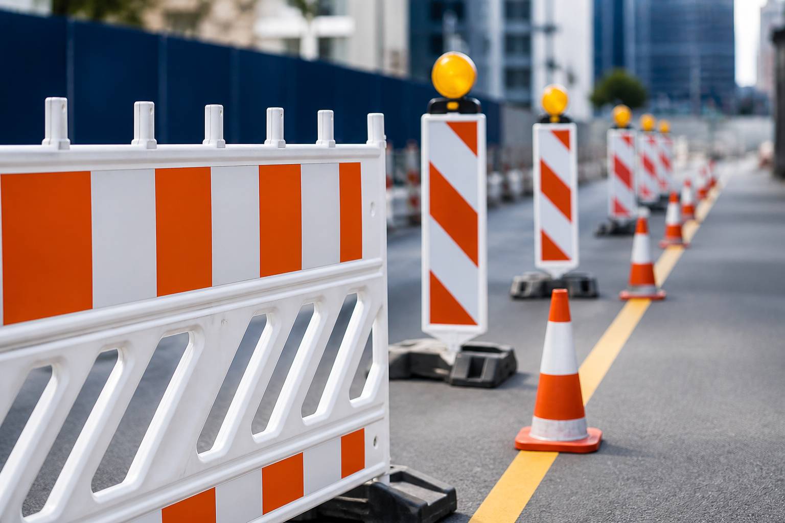 Barrière temporaire de chantier avec balises et cônes