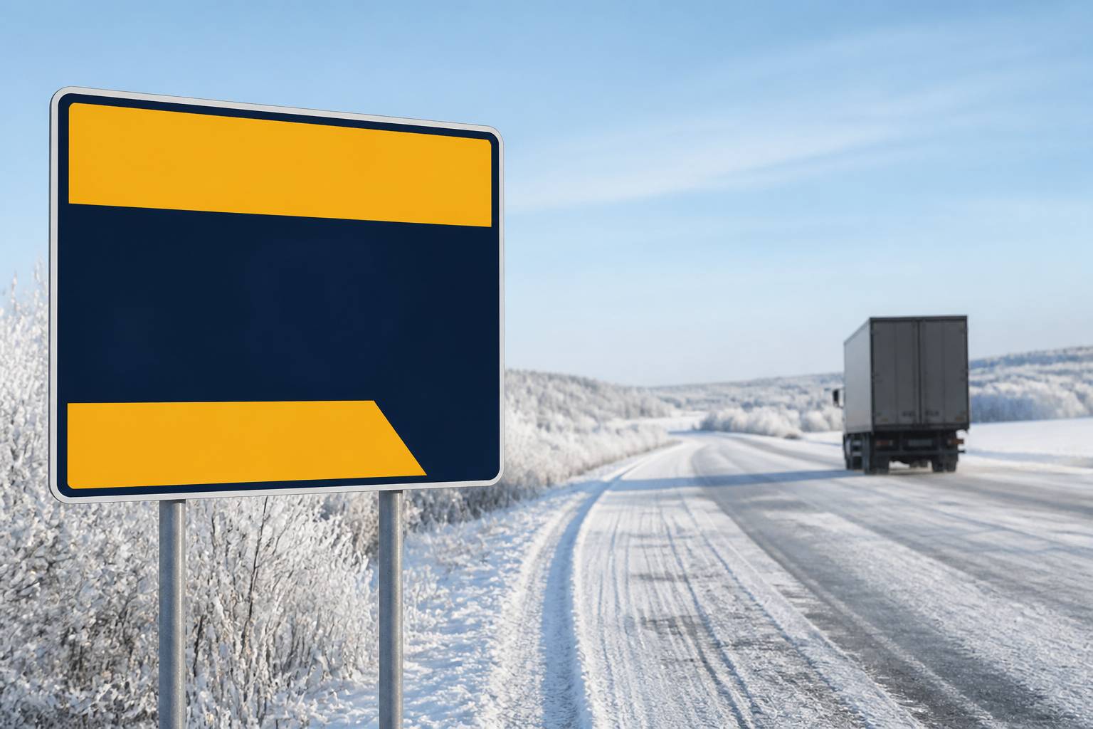 Panneau jaune et bleu générique près d'une route gelée