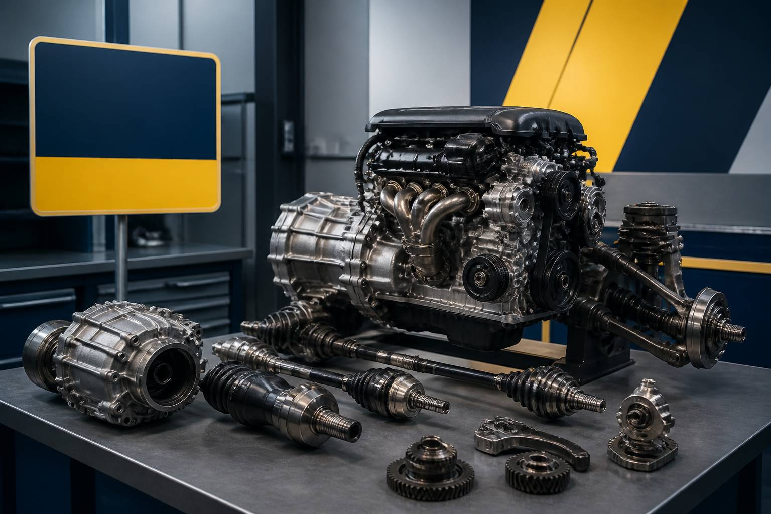 Bloc moteur à traction avant avec cardans et boîte de vitesses sur établi