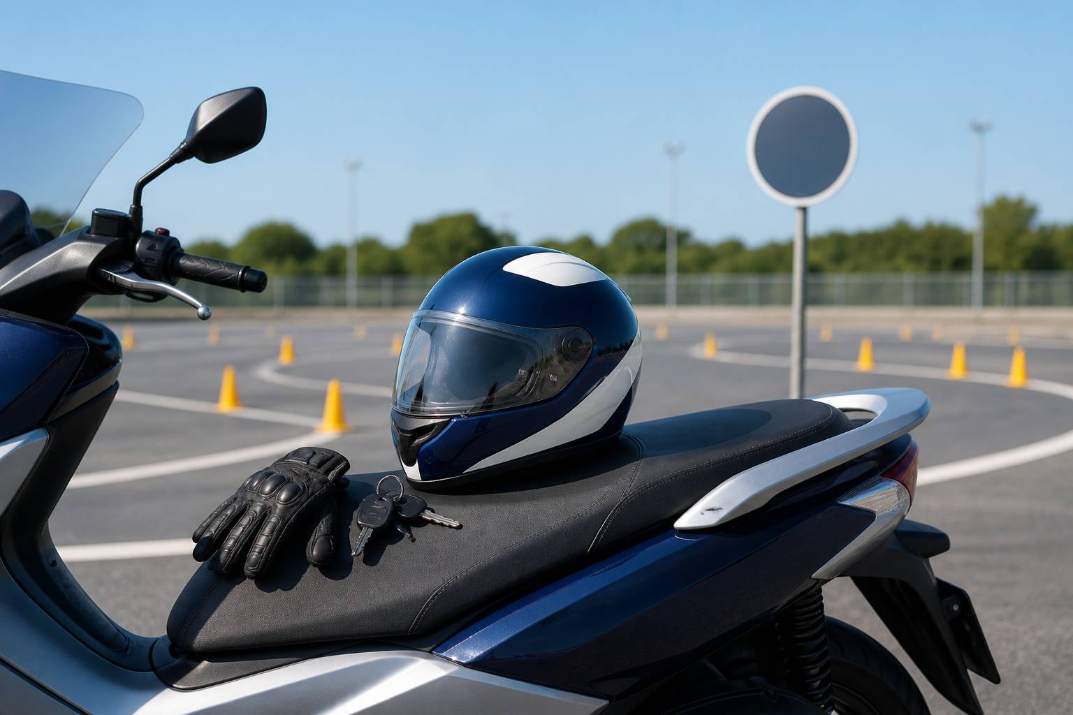 Casque intégral posé sur la selle d'un maxi scooter avec gants et clés sur une piste de formation