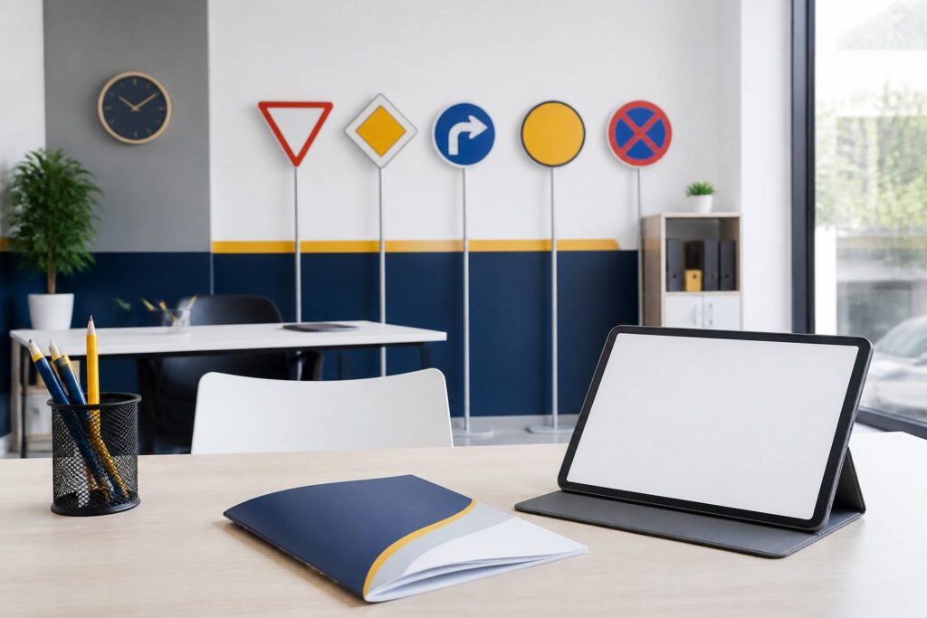 Bureau d'auto-école avec panneaux de signalisation génériques et tablette