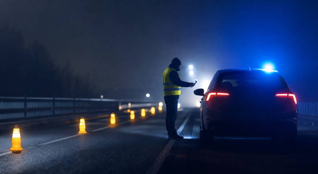 Contrôle routier nocturne avec voiture arrêtée, gyrophare bleu et agent tenant un éthylotest