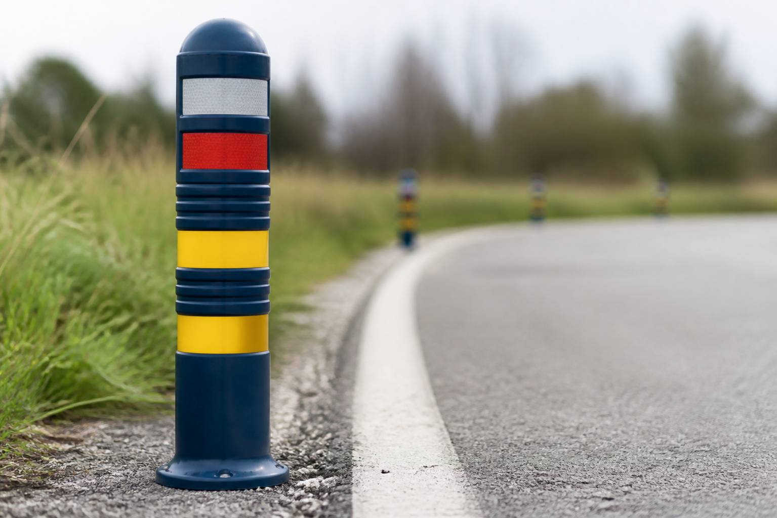 Délinéateur avec réflecteur au bord d'une route près d'un obstacle