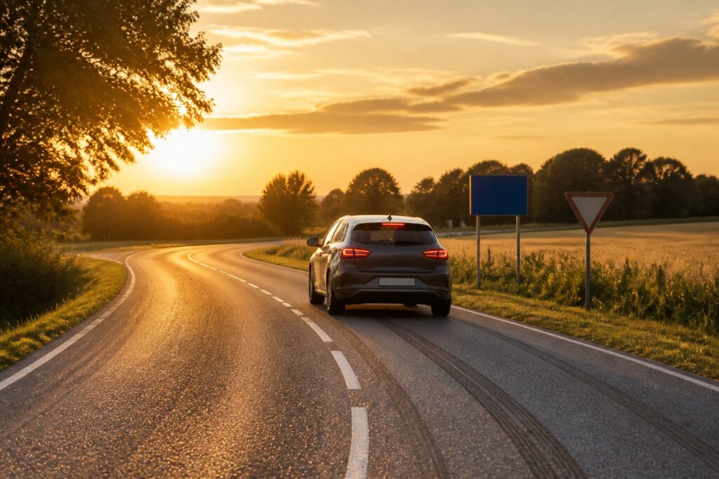 Voiture générique freinant sur une route avec des marques de freinage au sol