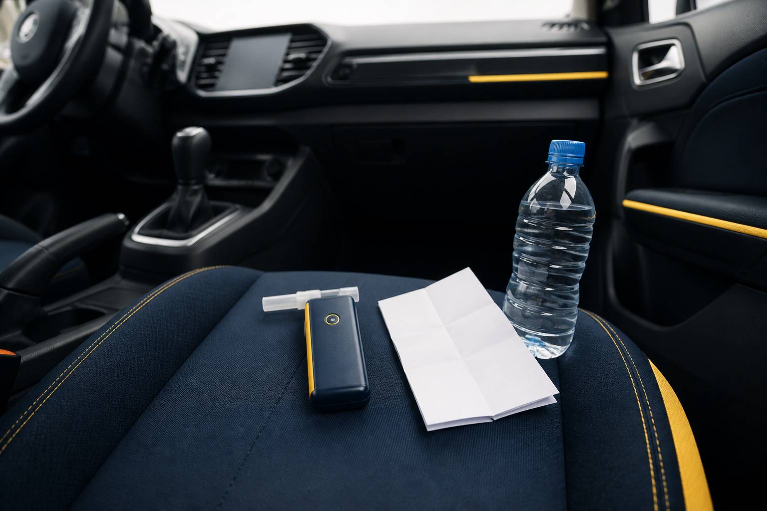 Éthylotest avec embout neuf et notice pliée posés sur le siège passager d'une voiture