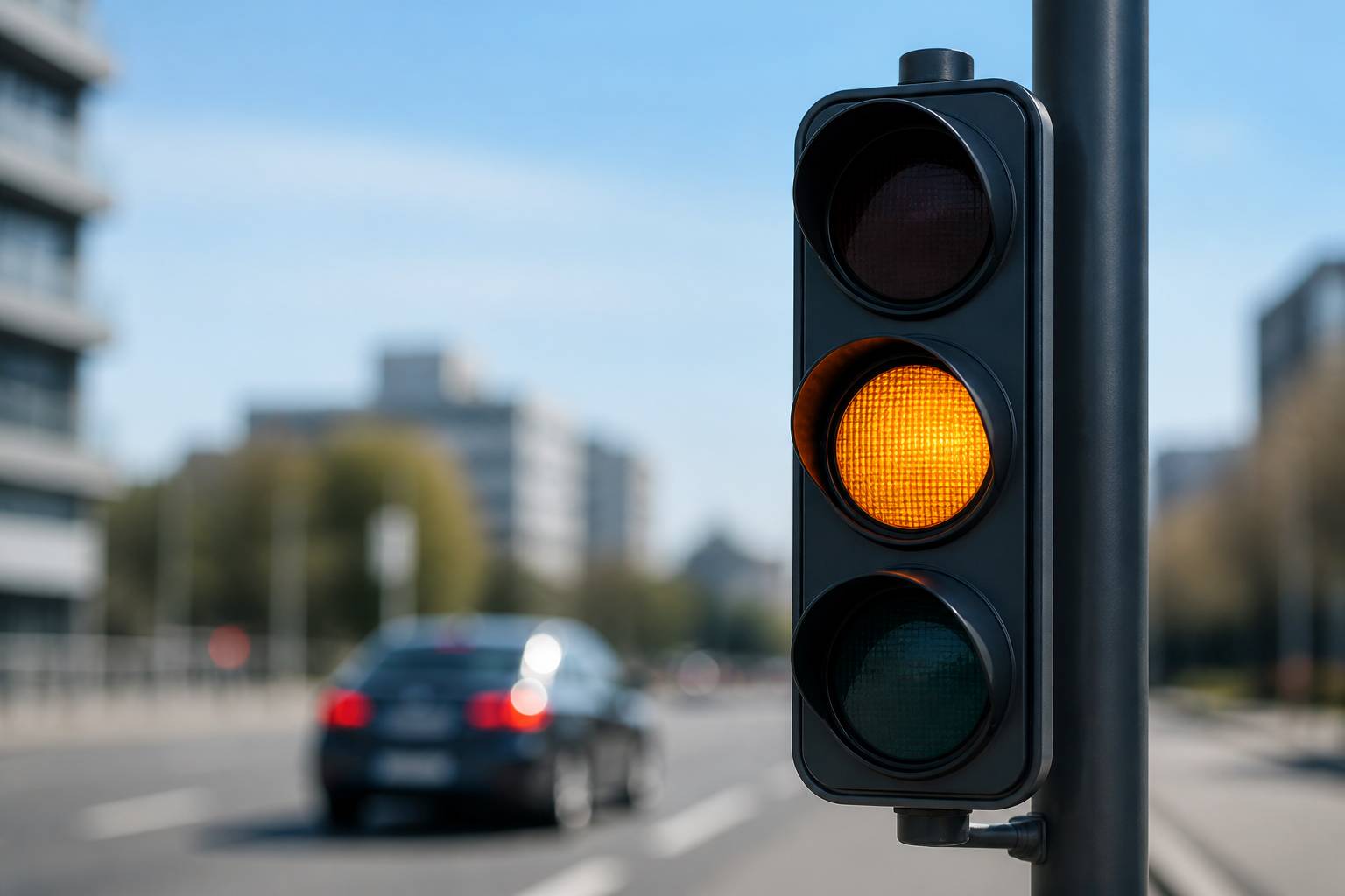 Gros plan d'un feu tricolore avec la lumière orange clignotante allumée
