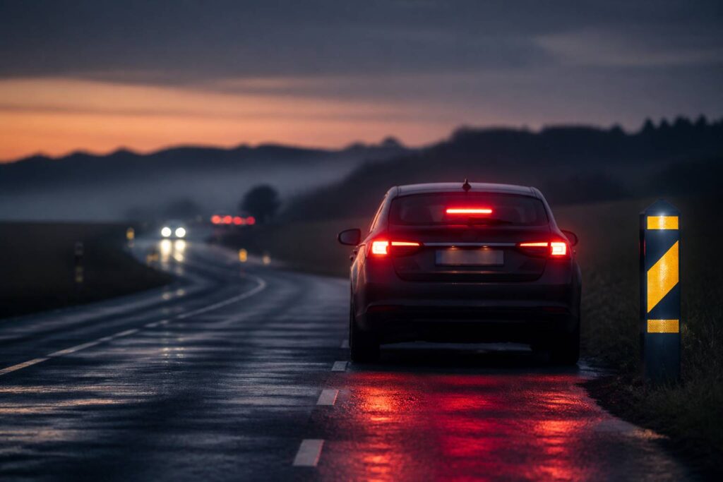 Arrière de voiture avec feux stop allumés au crépuscule