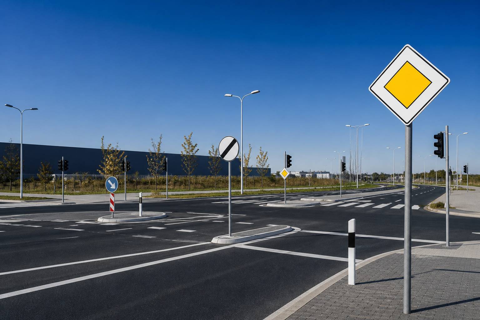 Carrefour avec panneaux de priorité jaunes et panneau de fin barré