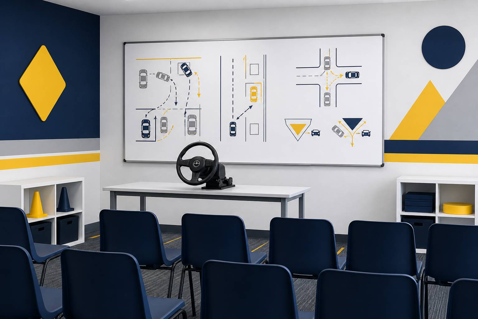 Salle de formation au code de la route avec tableau et volant pédagogique
