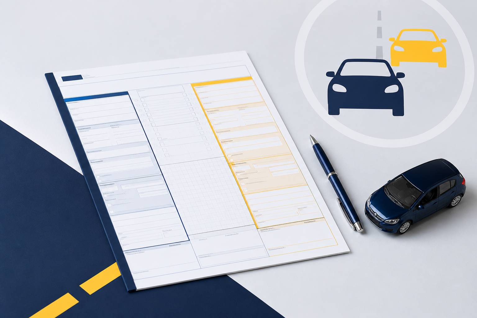 Formulaire de constat amiable vierge avec stylo et maquette de voiture sur un plan de travail clair
