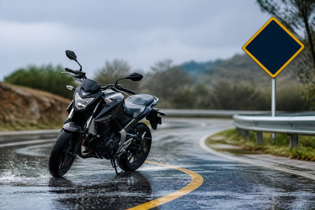Moto générique avec garde-boue avant visible sur une route humide