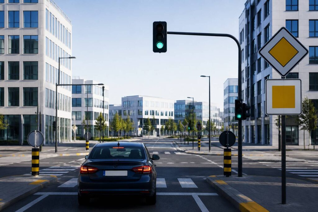 Feu tricolore vert à une intersection avec passage piétons