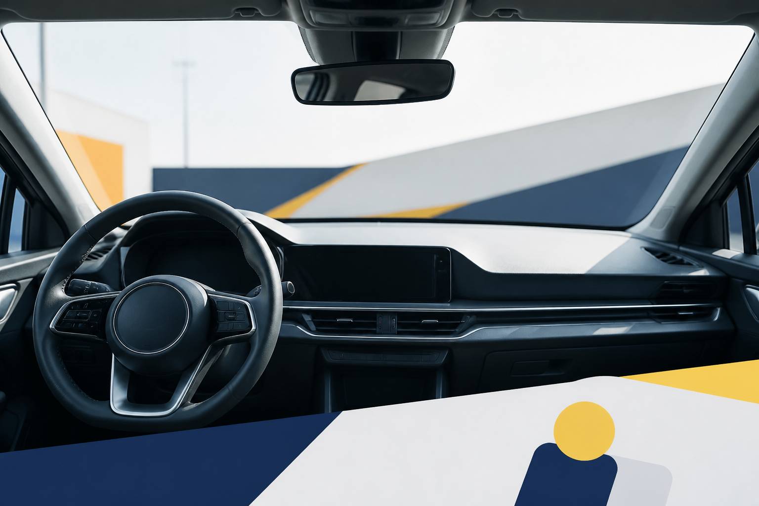 Volant de voiture vu depuis la place conducteur