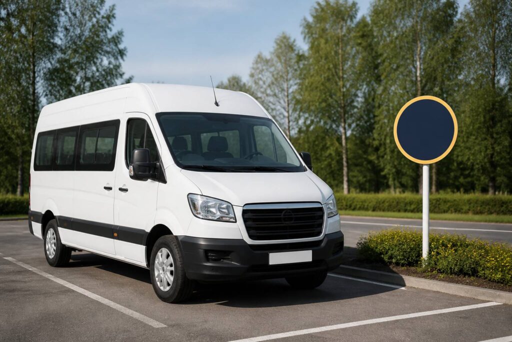 Minibus blanc générique stationné devant un bâtiment, vue de trois quarts