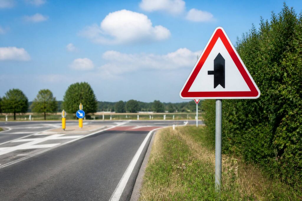 Panneau triangulaire blanc à bord rouge annonçant une priorité ponctuelle