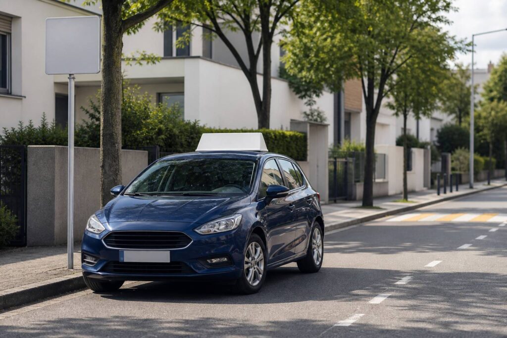 Voiture d'auto-école avec un panneau toit sur une rue calme