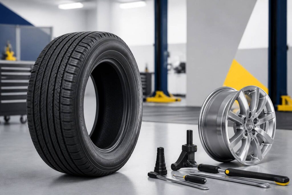 Pneu renforcé debout dans un garage avec jante et outils