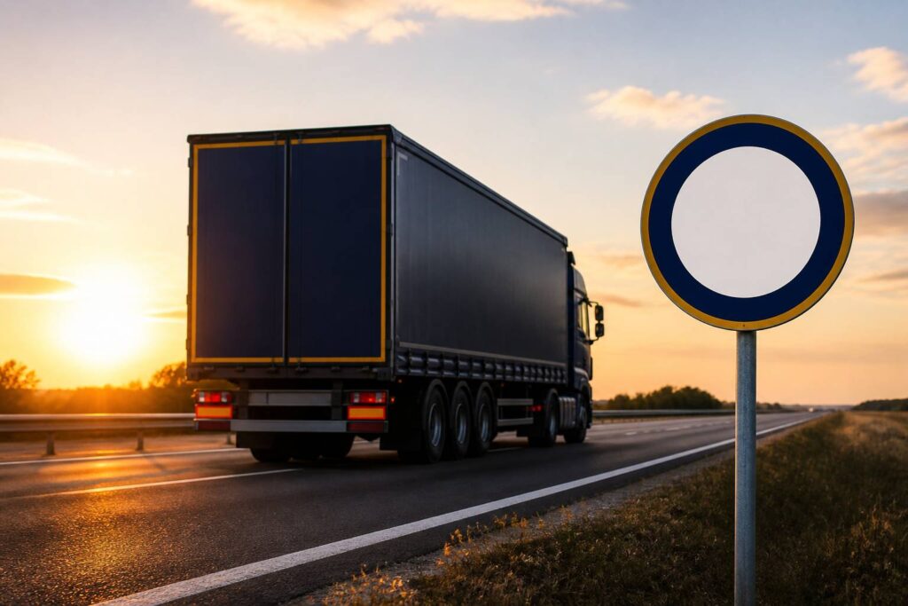 Camion semi-remorque sur autoroute avec panneau de limitation de vitesse