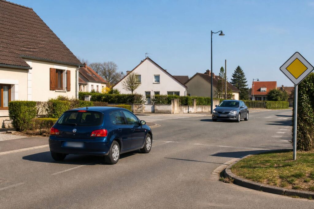 Carrefour de village avec deux voitures et panneau générique