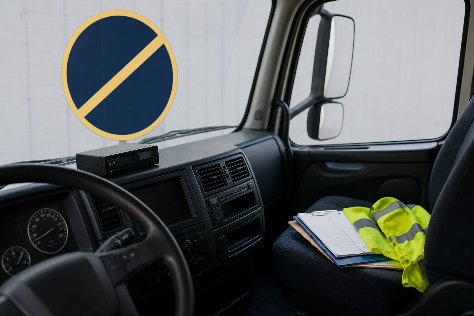 Panneau de limitation de vitesse et tableau de bord de camion avec tachygraphe