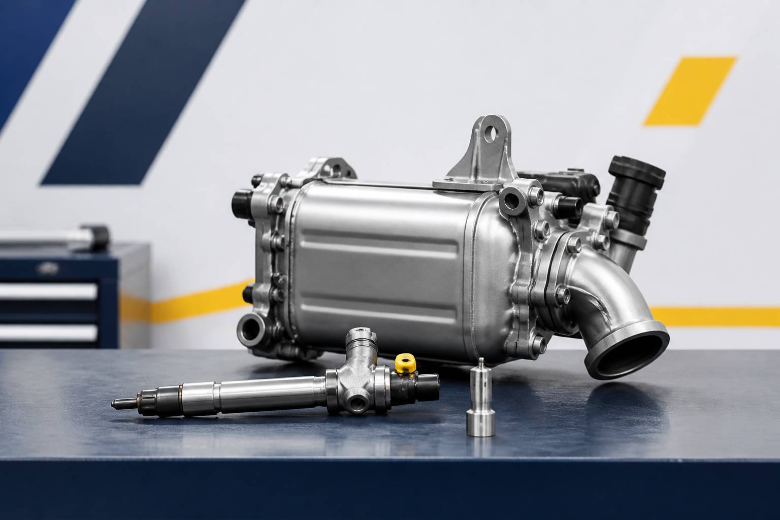 Injecteur et catalyseur SCR posés sur un établi