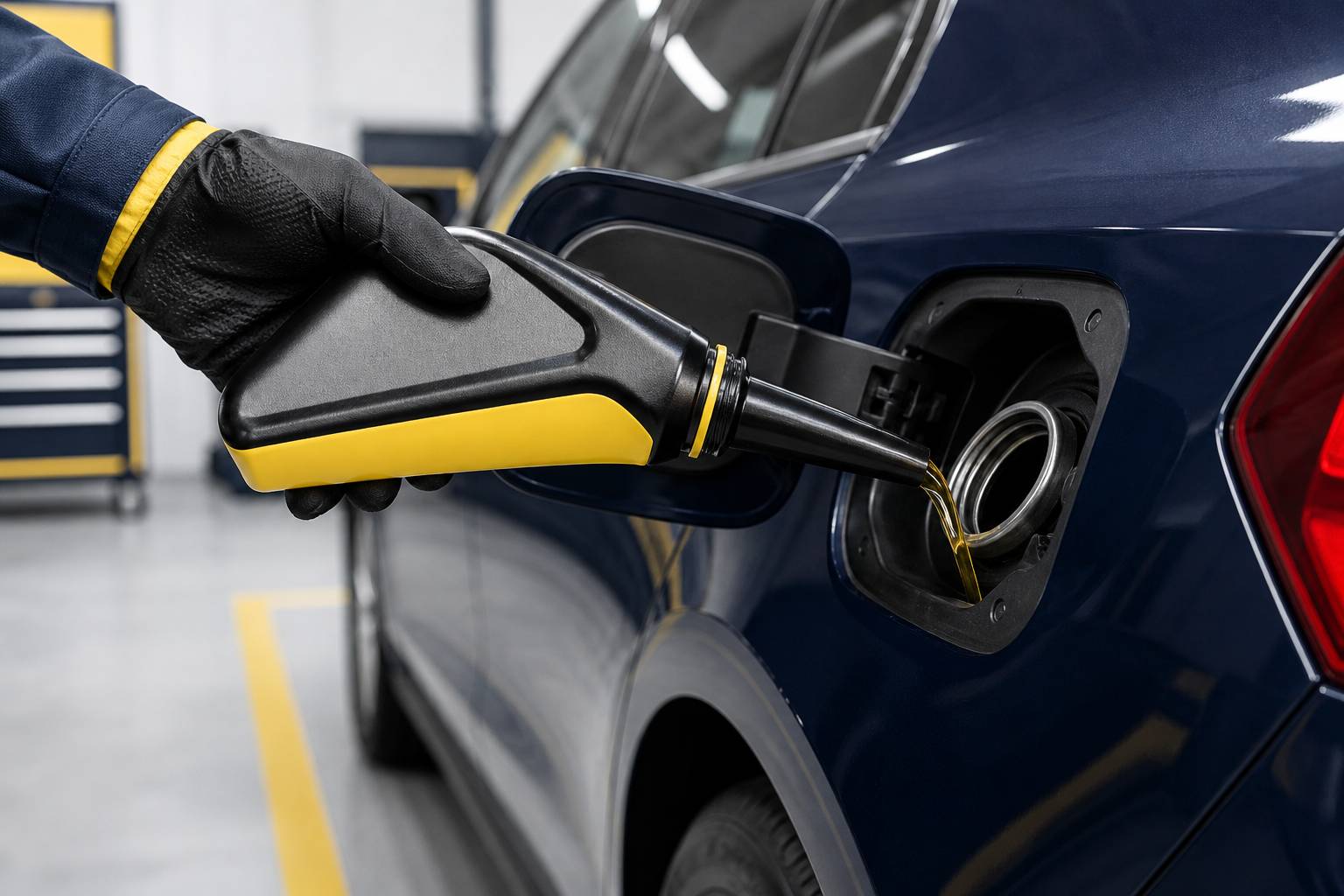 Flacon d'additif diesel verse dans le reservoir d'une voiture