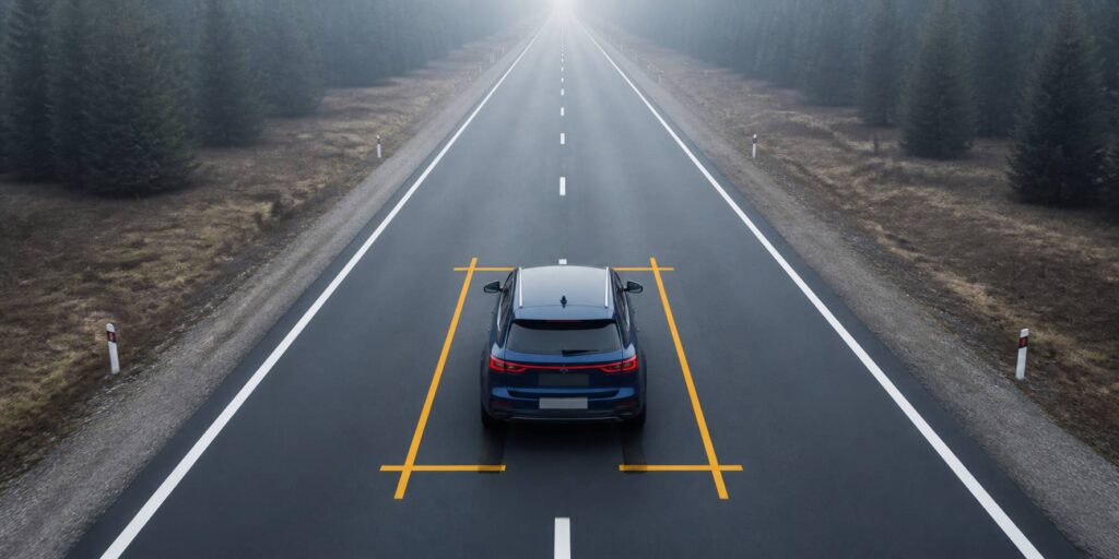 Voiture vue de dessus avec lignes de mesure jaunes au sol