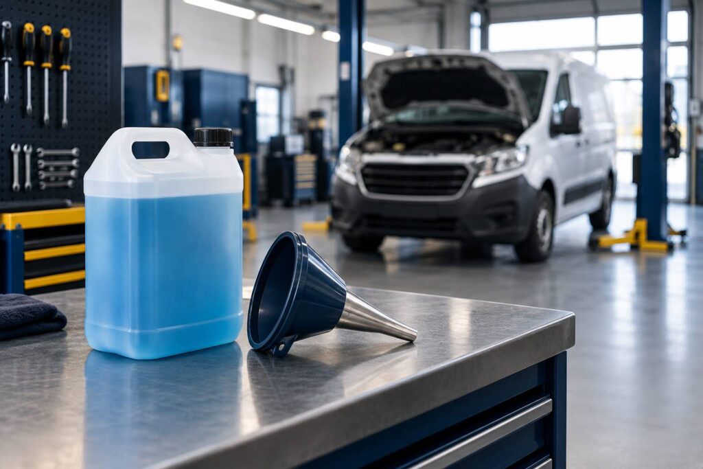 Bidon de liquide bleuté et entonnoir sur un établi d'atelier automobile