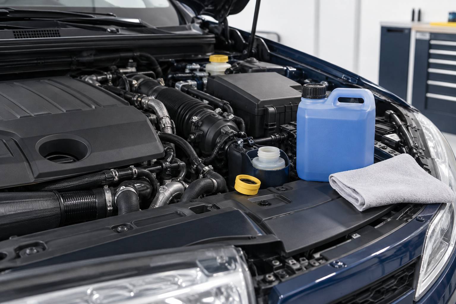 Compartiment moteur diesel avec bouchon de réservoir d'additif ouvert