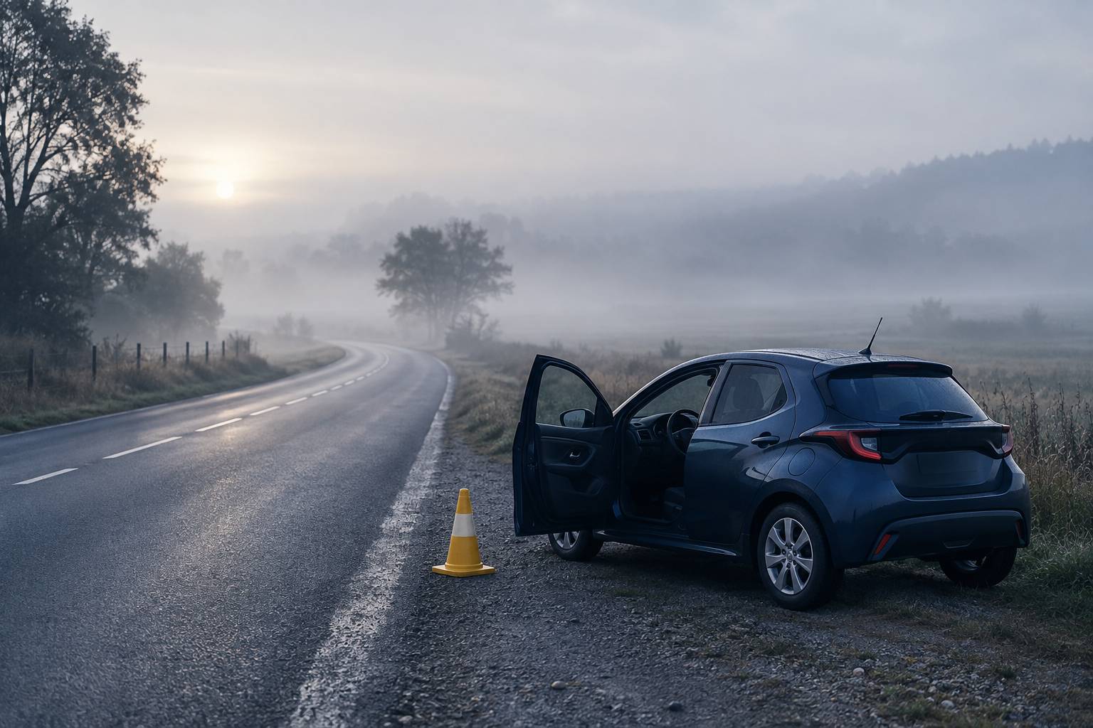 Voiture d'apprentissage garée sur le bas-côté avec un cône jaune