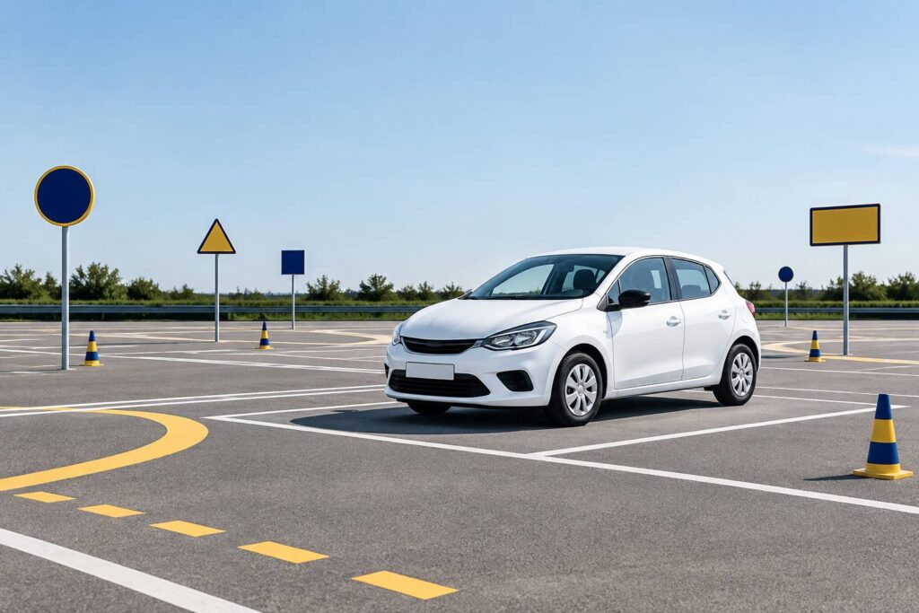 Voiture d'auto-école blanche devant des panneaux de signalisation