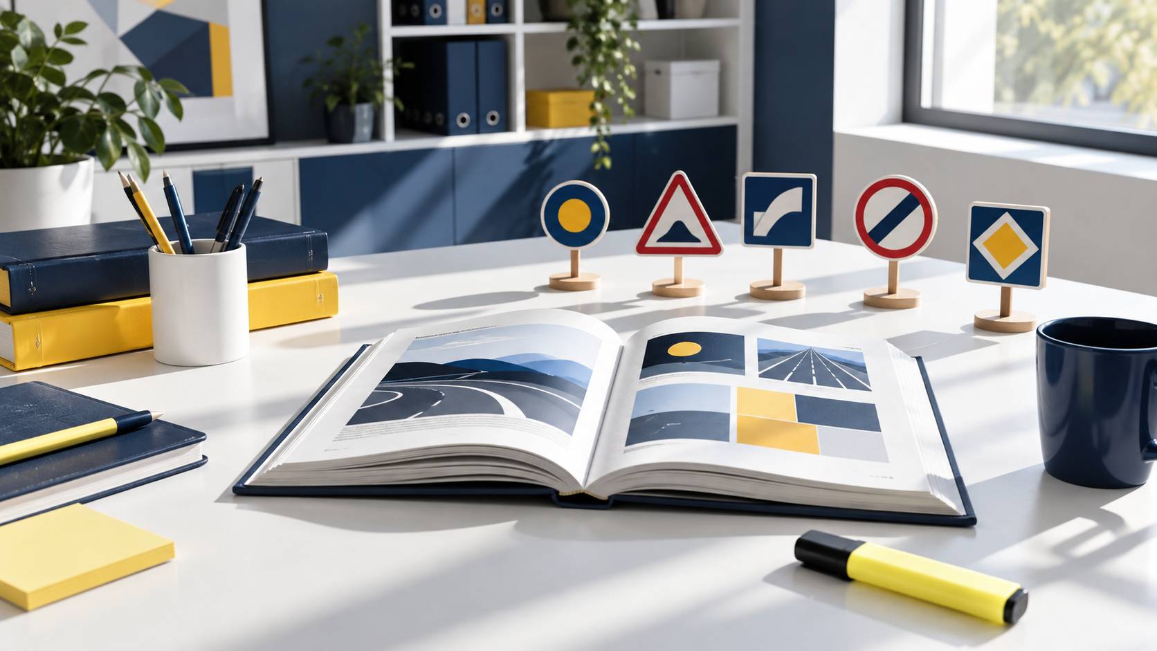 Manuel de code et panneaux de signalisation miniatures sur un bureau