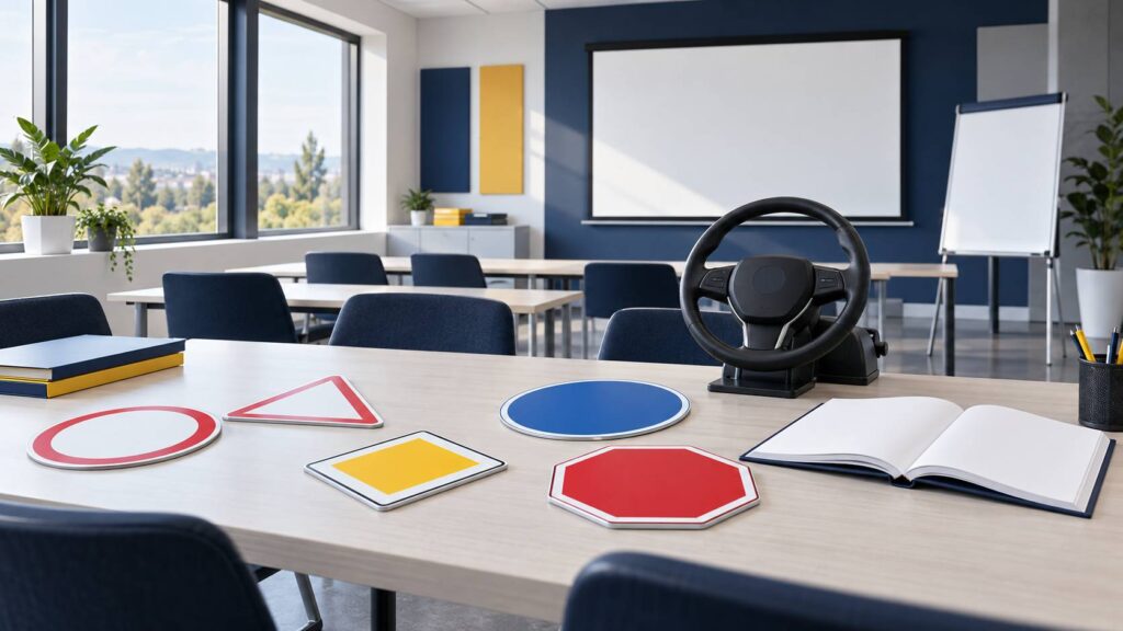 Salle de formation avec volant pedagogique et cahier vierge