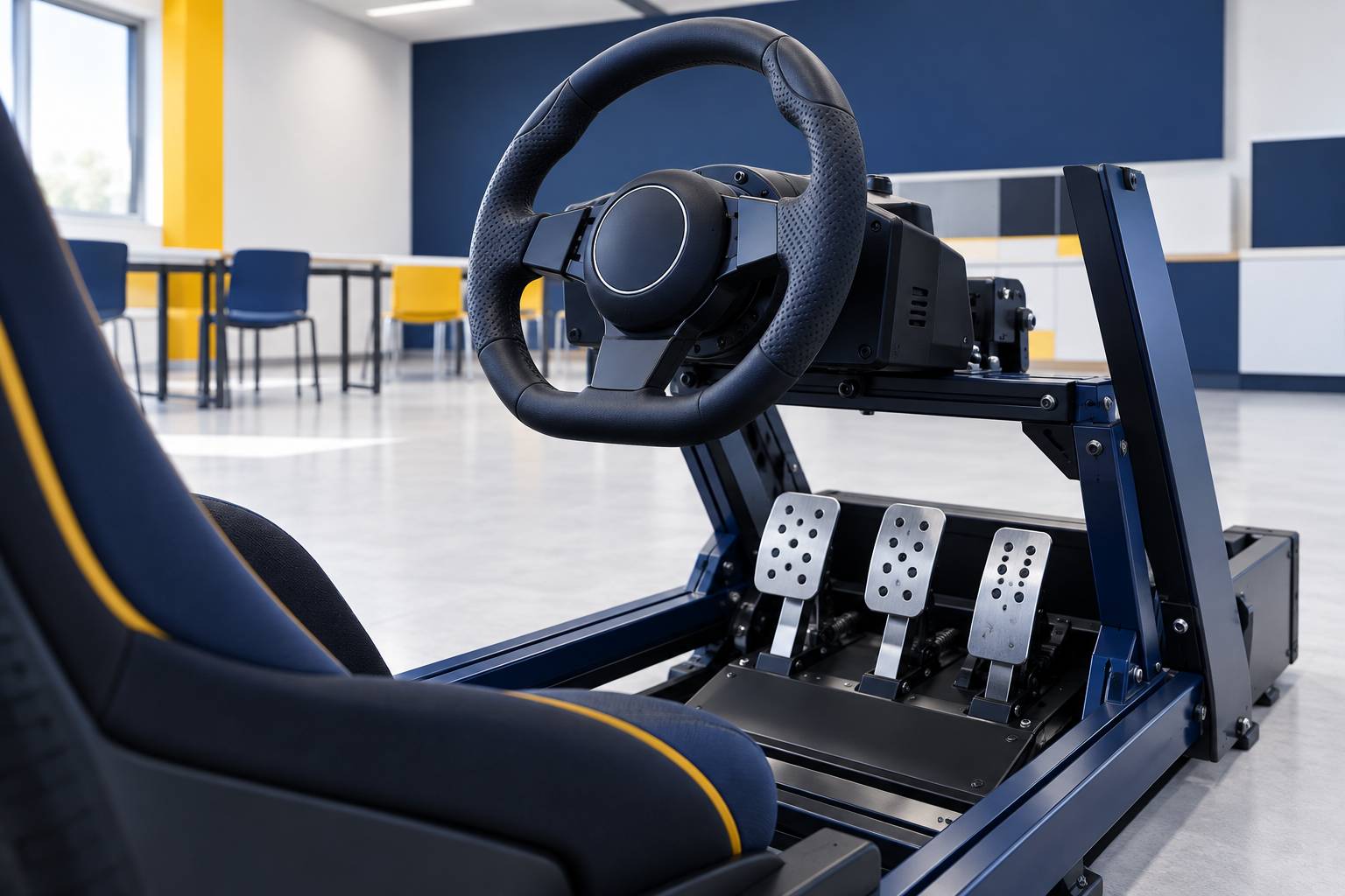 Volant et pedales d'un simulateur d'auto-ecole