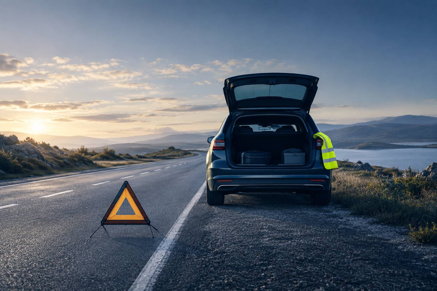 Triangle de preseignalisation devant un vehicule immobilise
