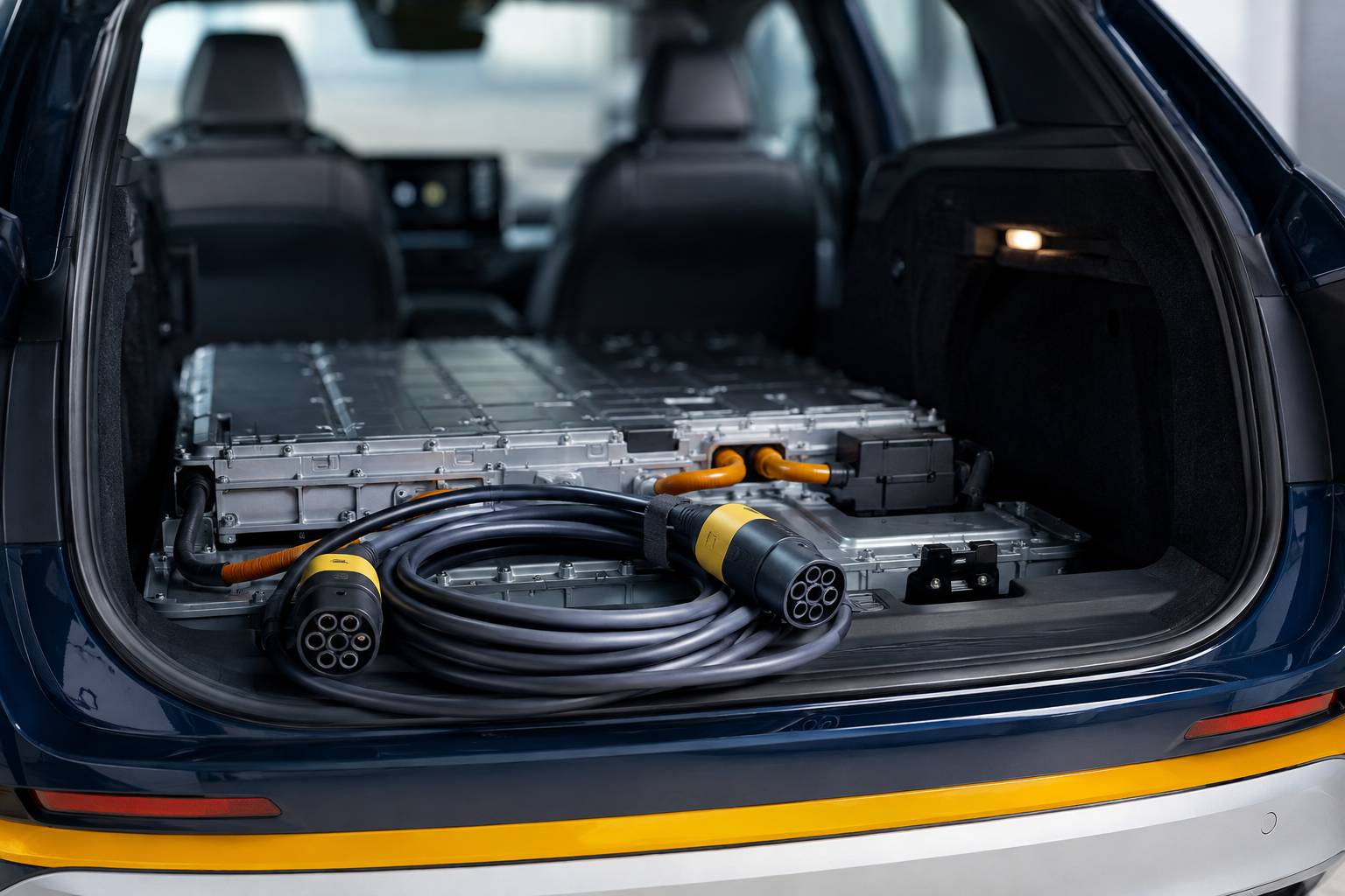 Câble et prise de recharge d'une voiture électrique générique, gros plan pédagogique