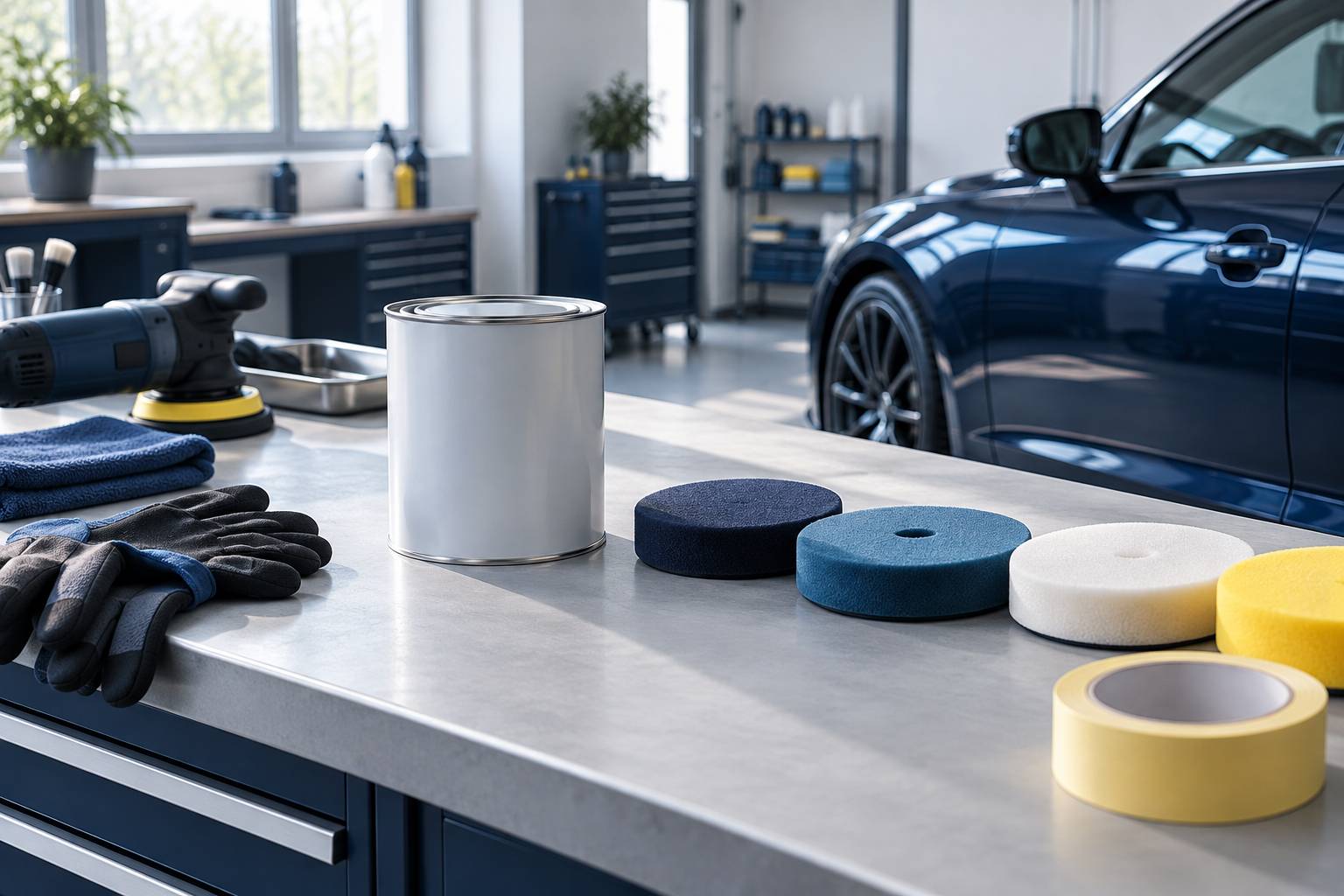 Pot de peinture automobile et pads de polissage sur un établi