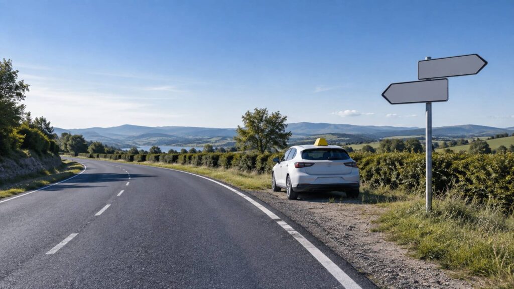 Route de campagne calme avec voiture-ecole generique sur le bas-cote