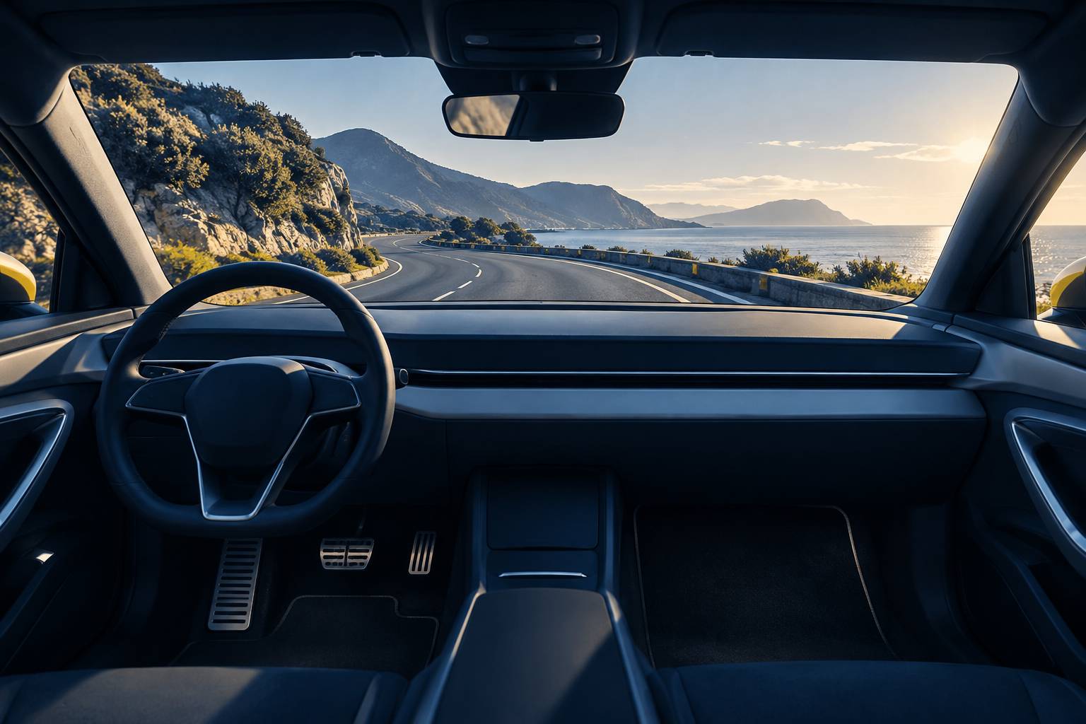 Interieur generique de voiture avec volant et vue sur la route