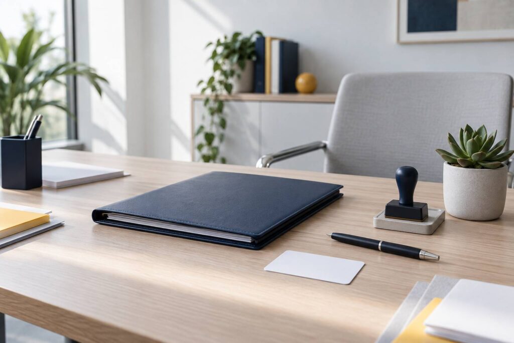 Bureau administratif avec portefeuille de documents et carte vierge