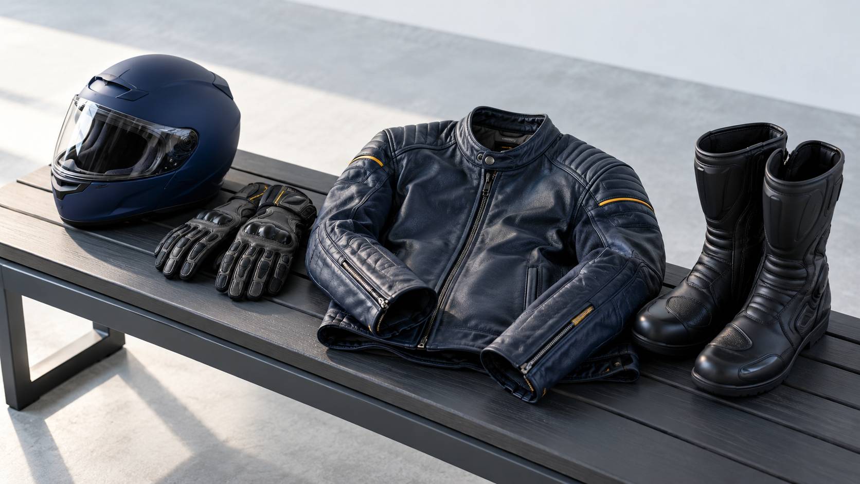 Equipement de motard pose sur un banc : casque, gants et blouson de cuir
