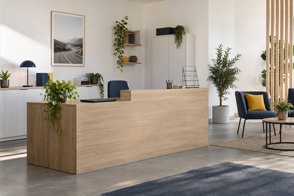 Bureau d'accueil d'auto-ecole lumineux en bois clair